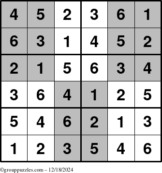 The grouppuzzles.com Answer grid for the SuperSudoku-Junior puzzle for Wednesday December 18, 2024