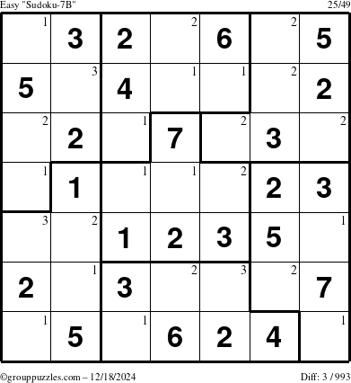 The grouppuzzles.com Easy Sudoku-7B puzzle for Wednesday December 18, 2024 with the first 3 steps marked