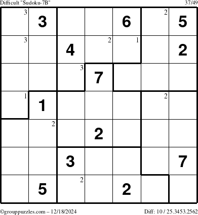 The grouppuzzles.com Difficult Sudoku-7B puzzle for Wednesday December 18, 2024 with the first 3 steps marked