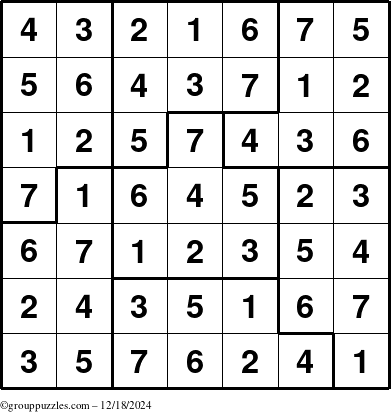 The grouppuzzles.com Answer grid for the Sudoku-7B puzzle for Wednesday December 18, 2024