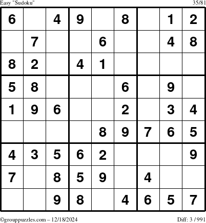 The grouppuzzles.com Easy Sudoku puzzle for Wednesday December 18, 2024