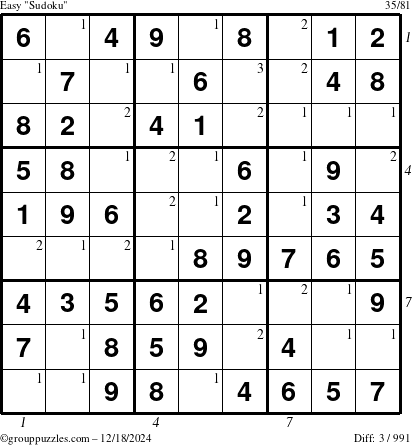 The grouppuzzles.com Easy Sudoku puzzle for Wednesday December 18, 2024 with all 3 steps marked