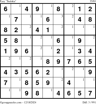 The grouppuzzles.com Easy Sudoku puzzle for Wednesday December 18, 2024 with the first 3 steps marked