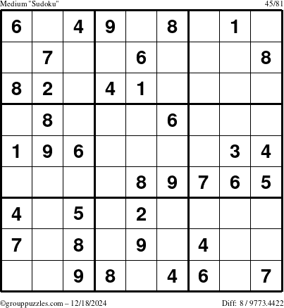 The grouppuzzles.com Medium Sudoku puzzle for Wednesday December 18, 2024