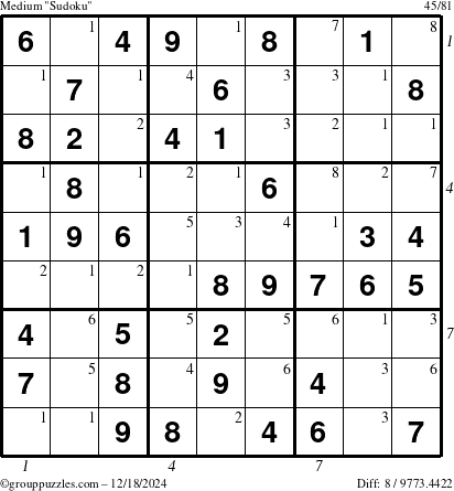 The grouppuzzles.com Medium Sudoku puzzle for Wednesday December 18, 2024, suitable for printing, with all 8 steps marked