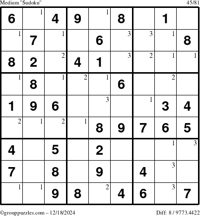 The grouppuzzles.com Medium Sudoku puzzle for Wednesday December 18, 2024 with the first 3 steps marked