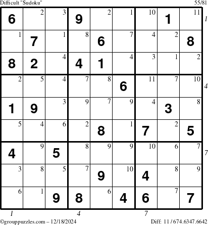 The grouppuzzles.com Difficult Sudoku puzzle for Wednesday December 18, 2024 with all 11 steps marked