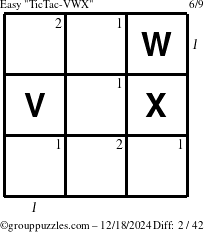 The grouppuzzles.com Easy TicTac-VWX puzzle for Wednesday December 18, 2024 with all 2 steps marked