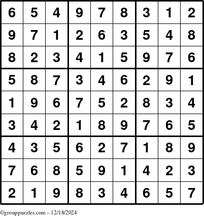 The grouppuzzles.com Answer grid for the Sudoku puzzle for Wednesday December 18, 2024