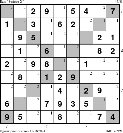 The grouppuzzles.com Easy Sudoku-X puzzle for Wednesday December 18, 2024 with all 3 steps marked