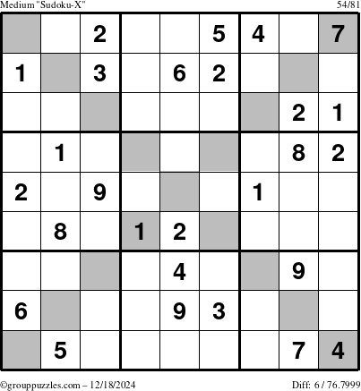 The grouppuzzles.com Medium Sudoku-X puzzle for Wednesday December 18, 2024