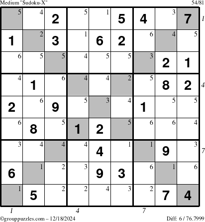 The grouppuzzles.com Medium Sudoku-X puzzle for Wednesday December 18, 2024 with all 6 steps marked