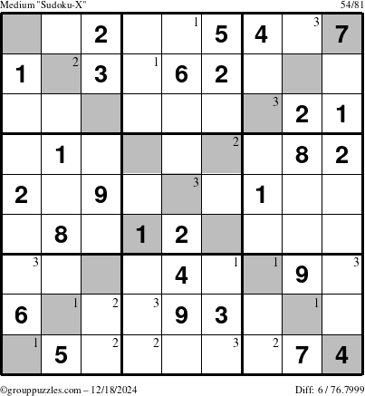 The grouppuzzles.com Medium Sudoku-X puzzle for Wednesday December 18, 2024 with the first 3 steps marked