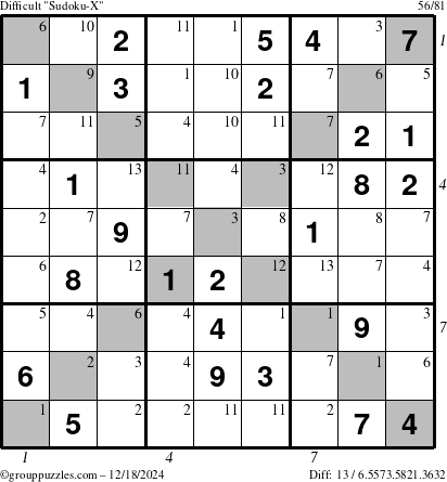 The grouppuzzles.com Difficult Sudoku-X puzzle for Wednesday December 18, 2024 with all 13 steps marked