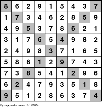 The grouppuzzles.com Answer grid for the Sudoku-X puzzle for Wednesday December 18, 2024