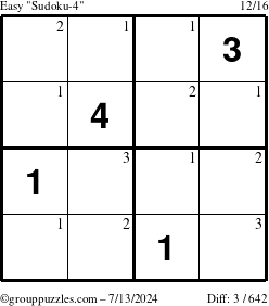 The grouppuzzles.com Easy Sudoku-4 puzzle for Saturday July 13, 2024 with the first 3 steps marked