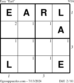 The grouppuzzles.com Easy Earl puzzle for Saturday July 13, 2024 with all 2 steps marked