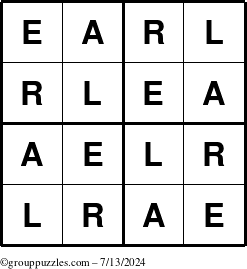 The grouppuzzles.com Answer grid for the Earl puzzle for Saturday July 13, 2024