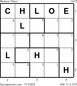 The grouppuzzles.com Medium Chloe puzzle for Saturday July 13, 2024 with all 5 steps marked