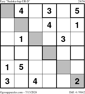 The grouppuzzles.com Easy Sudoku-6up-UR-D puzzle for Saturday July 13, 2024