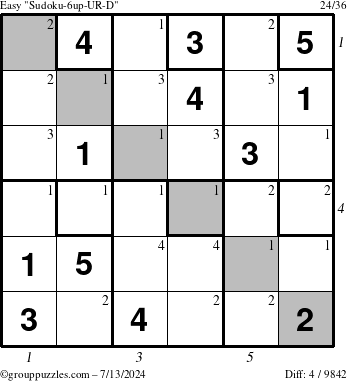 The grouppuzzles.com Easy Sudoku-6up-UR-D puzzle for Saturday July 13, 2024 with all 4 steps marked