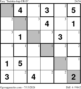 The grouppuzzles.com Easy Sudoku-6up-UR-D puzzle for Saturday July 13, 2024 with the first 3 steps marked