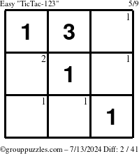 The grouppuzzles.com Easy TicTac-123 puzzle for Saturday July 13, 2024 with the first 2 steps marked