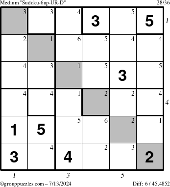 The grouppuzzles.com Medium Sudoku-6up-UR-D puzzle for Saturday July 13, 2024, suitable for printing, with all 6 steps marked