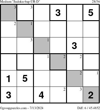 The grouppuzzles.com Medium Sudoku-6up-UR-D puzzle for Saturday July 13, 2024 with the first 3 steps marked