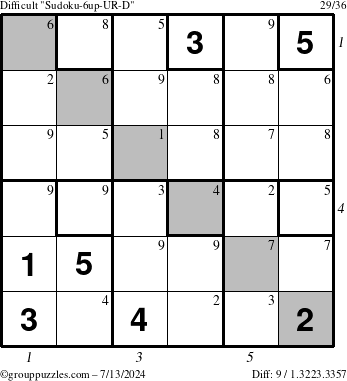 The grouppuzzles.com Difficult Sudoku-6up-UR-D puzzle for Saturday July 13, 2024 with all 9 steps marked