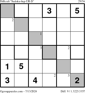 The grouppuzzles.com Difficult Sudoku-6up-UR-D puzzle for Saturday July 13, 2024 with the first 3 steps marked