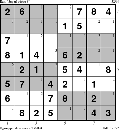 The grouppuzzles.com Easy SuperSudoku-8 puzzle for Saturday July 13, 2024 with all 3 steps marked