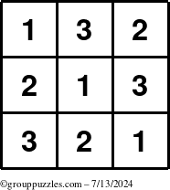 The grouppuzzles.com Answer grid for the TicTac-123 puzzle for Saturday July 13, 2024