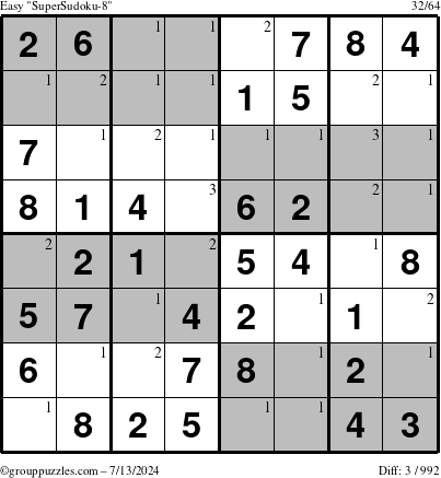 The grouppuzzles.com Easy SuperSudoku-8 puzzle for Saturday July 13, 2024 with the first 3 steps marked