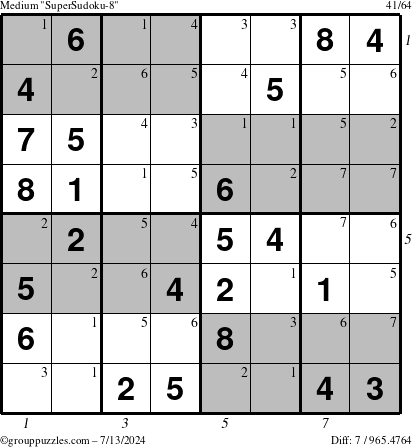 The grouppuzzles.com Medium SuperSudoku-8 puzzle for Saturday July 13, 2024 with all 7 steps marked