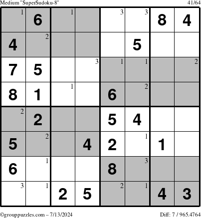 The grouppuzzles.com Medium SuperSudoku-8 puzzle for Saturday July 13, 2024 with the first 3 steps marked