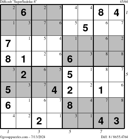 The grouppuzzles.com Difficult SuperSudoku-8 puzzle for Saturday July 13, 2024 with all 8 steps marked