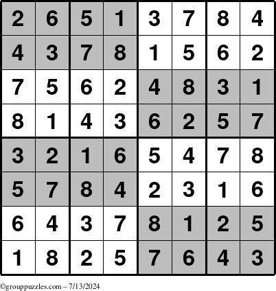 The grouppuzzles.com Answer grid for the SuperSudoku-8 puzzle for Saturday July 13, 2024