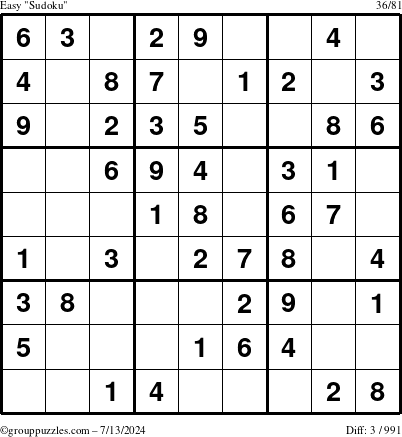 The grouppuzzles.com Easy Sudoku puzzle for Saturday July 13, 2024