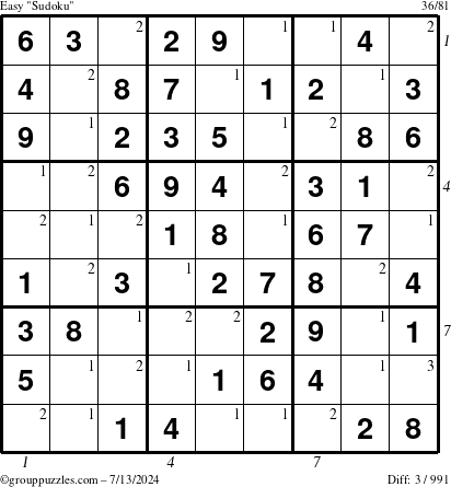 The grouppuzzles.com Easy Sudoku puzzle for Saturday July 13, 2024 with all 3 steps marked