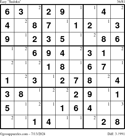 The grouppuzzles.com Easy Sudoku puzzle for Saturday July 13, 2024 with the first 3 steps marked