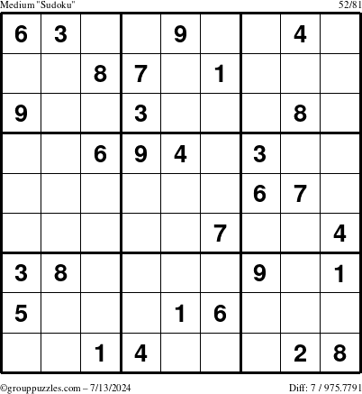 The grouppuzzles.com Medium Sudoku puzzle for Saturday July 13, 2024