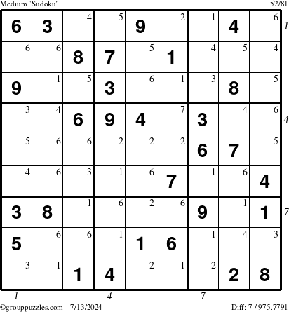 The grouppuzzles.com Medium Sudoku puzzle for Saturday July 13, 2024 with all 7 steps marked