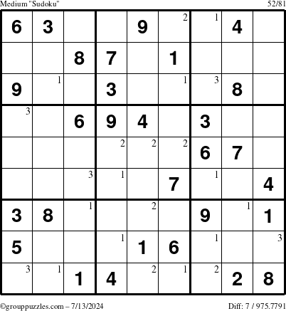 The grouppuzzles.com Medium Sudoku puzzle for Saturday July 13, 2024 with the first 3 steps marked