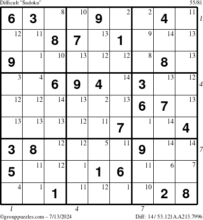 The grouppuzzles.com Difficult Sudoku puzzle for Saturday July 13, 2024 with all 14 steps marked