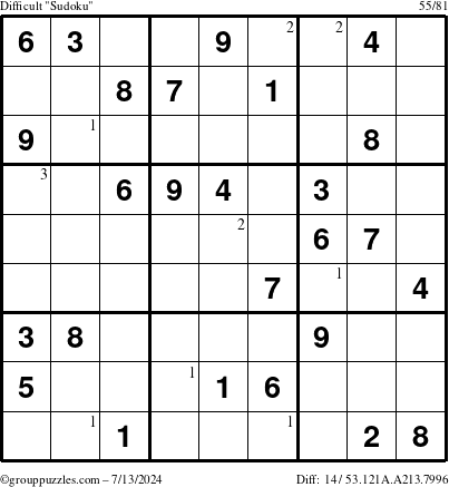 The grouppuzzles.com Difficult Sudoku puzzle for Saturday July 13, 2024 with the first 3 steps marked