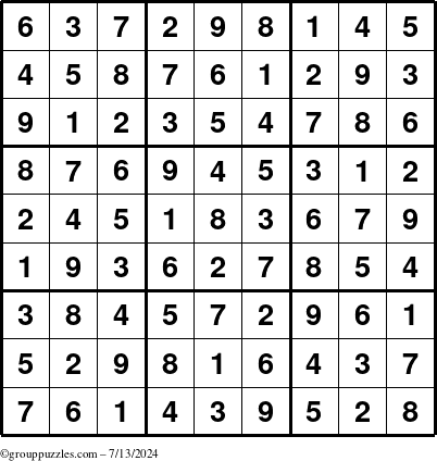 The grouppuzzles.com Answer grid for the Sudoku puzzle for Saturday July 13, 2024