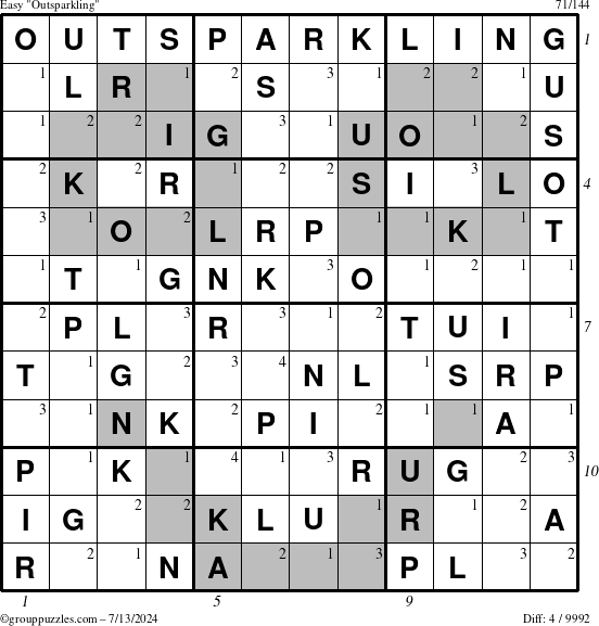 The grouppuzzles.com Easy Outsparkling puzzle for Saturday July 13, 2024 with all 4 steps marked