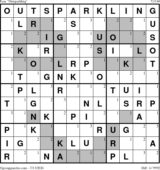 The grouppuzzles.com Easy Outsparkling puzzle for Saturday July 13, 2024 with the first 3 steps marked