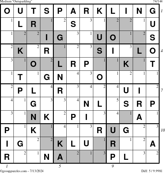 The grouppuzzles.com Medium Outsparkling puzzle for Saturday July 13, 2024 with all 5 steps marked